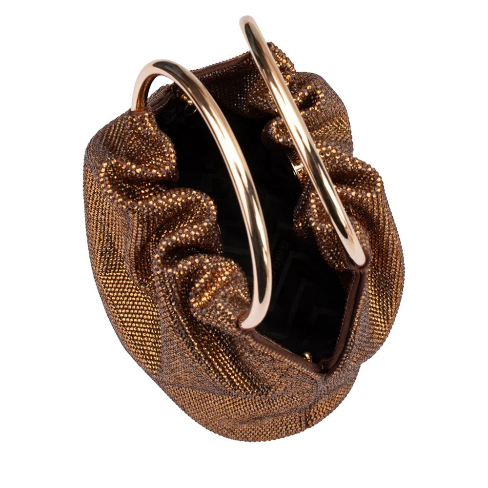 Bronze mesh clutch with gold ring on a white background