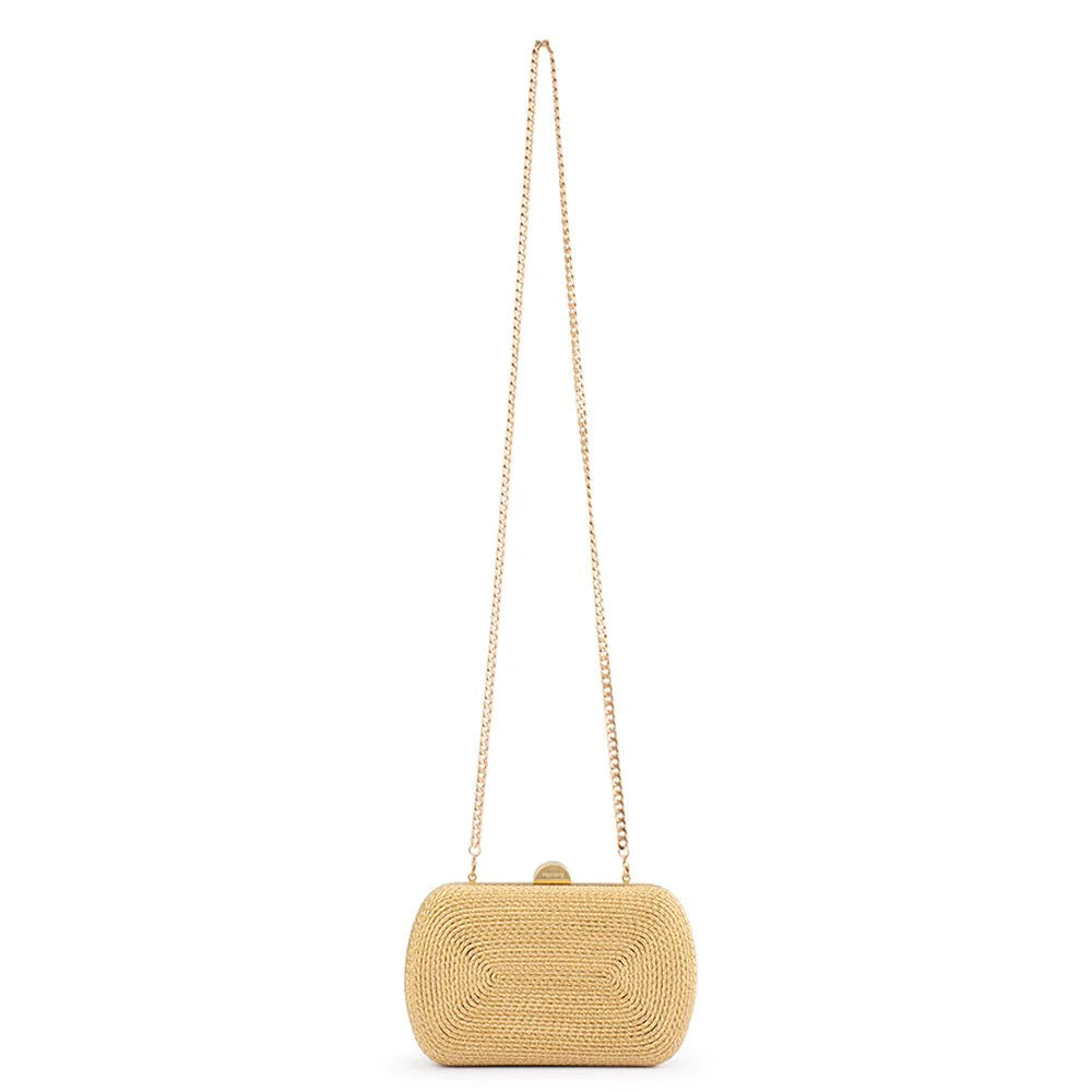 Gold woven handbag with a chain strap on a white background