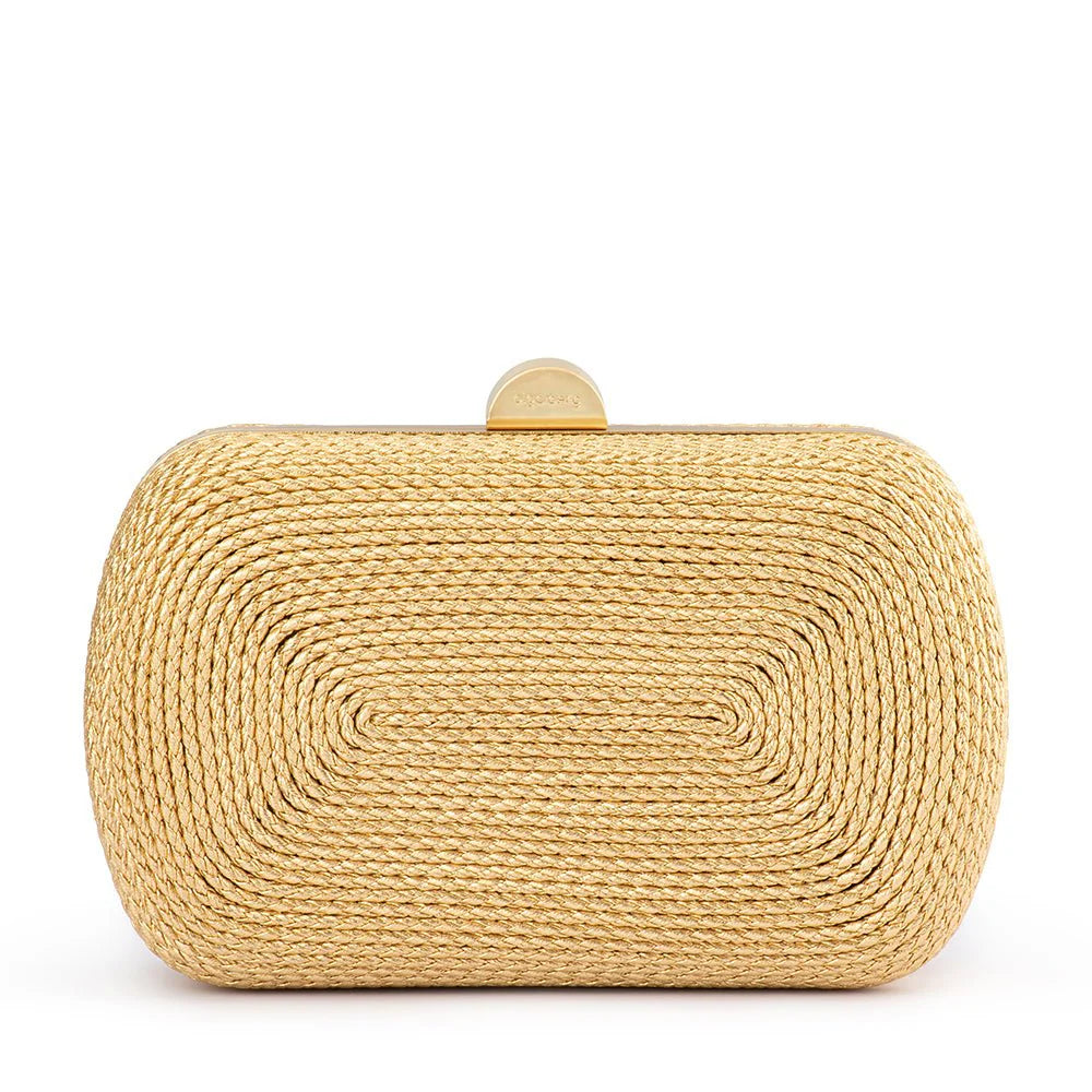 Gold woven clutch bag on a white background