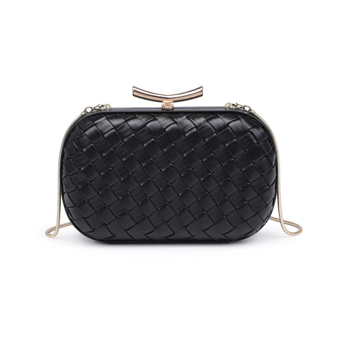 Black woven handbag with a gold clasp on a white background