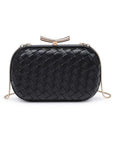 Black woven handbag with a gold clasp on a white background