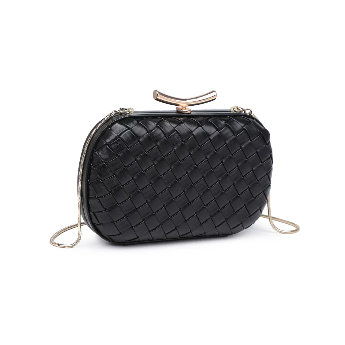 Black woven handbag with a gold clasp on a white background