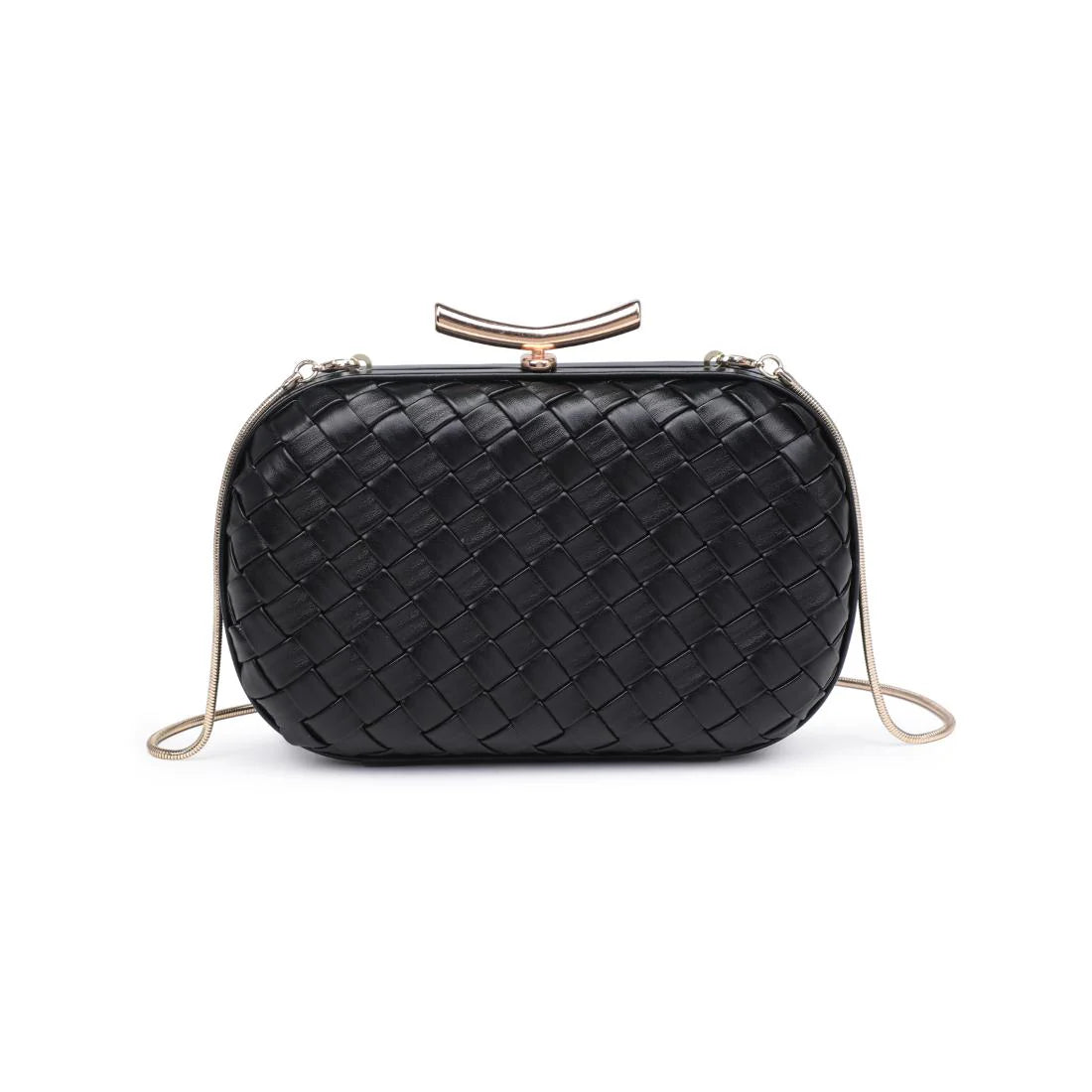 Black woven handbag with a gold clasp on a white background