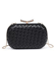 Black woven handbag with a gold clasp on a white background