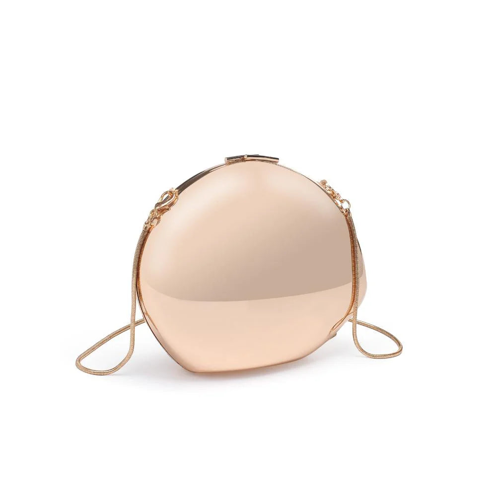 Gold spherical handbag on a white background
