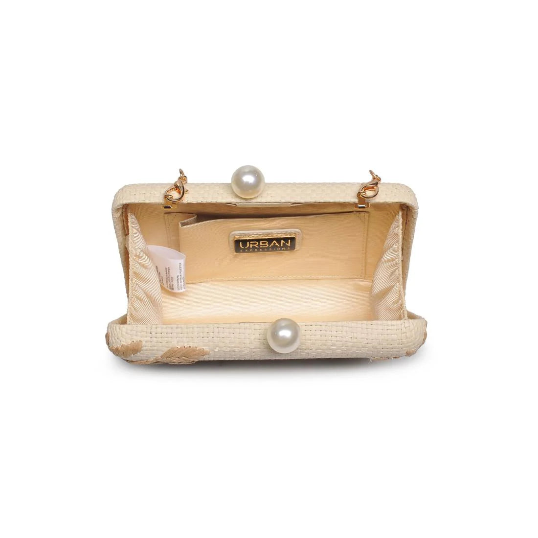 Beige clutch bag with pearl accents on a white background