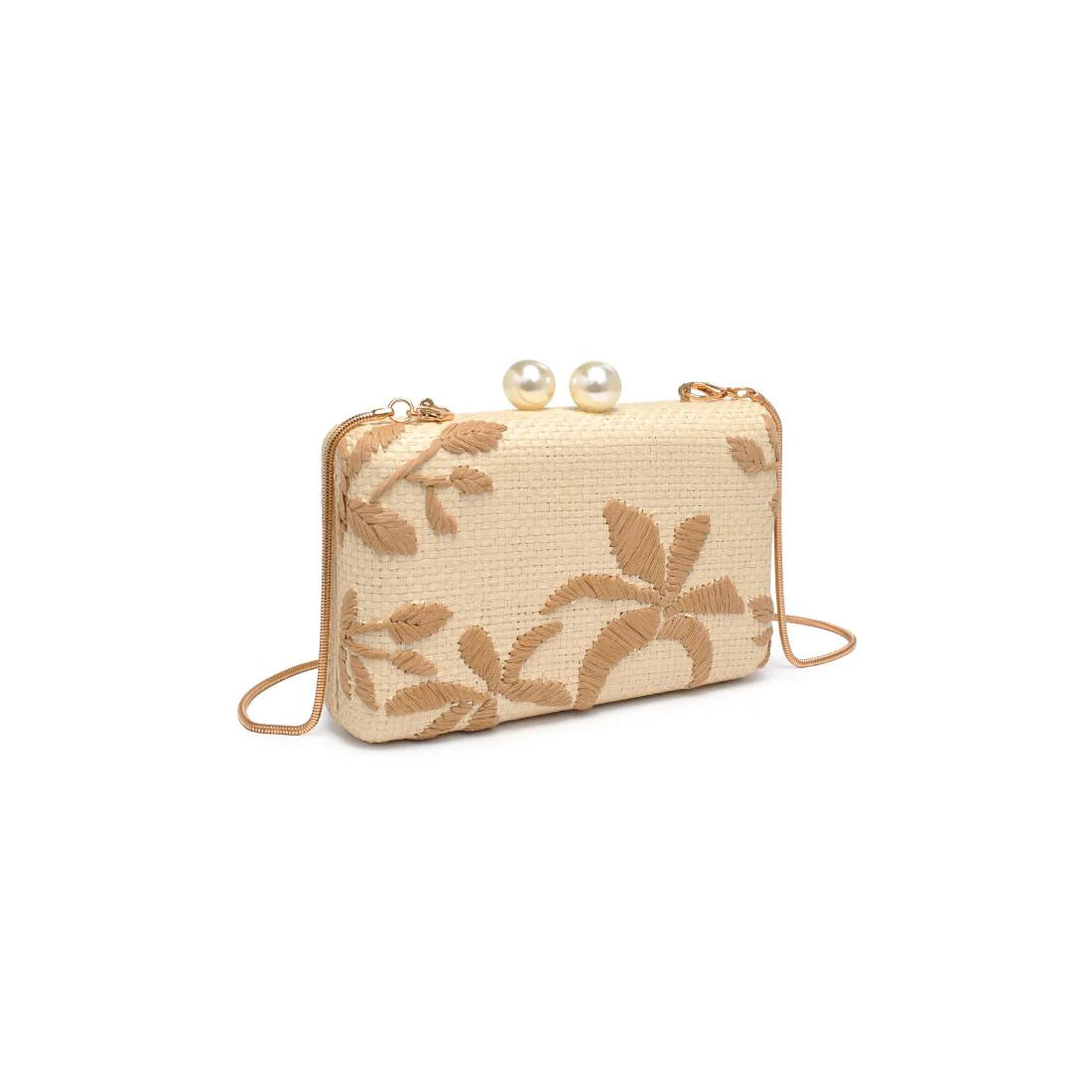 Beige handbag with floral embroidery and pearl embellishments on a white background