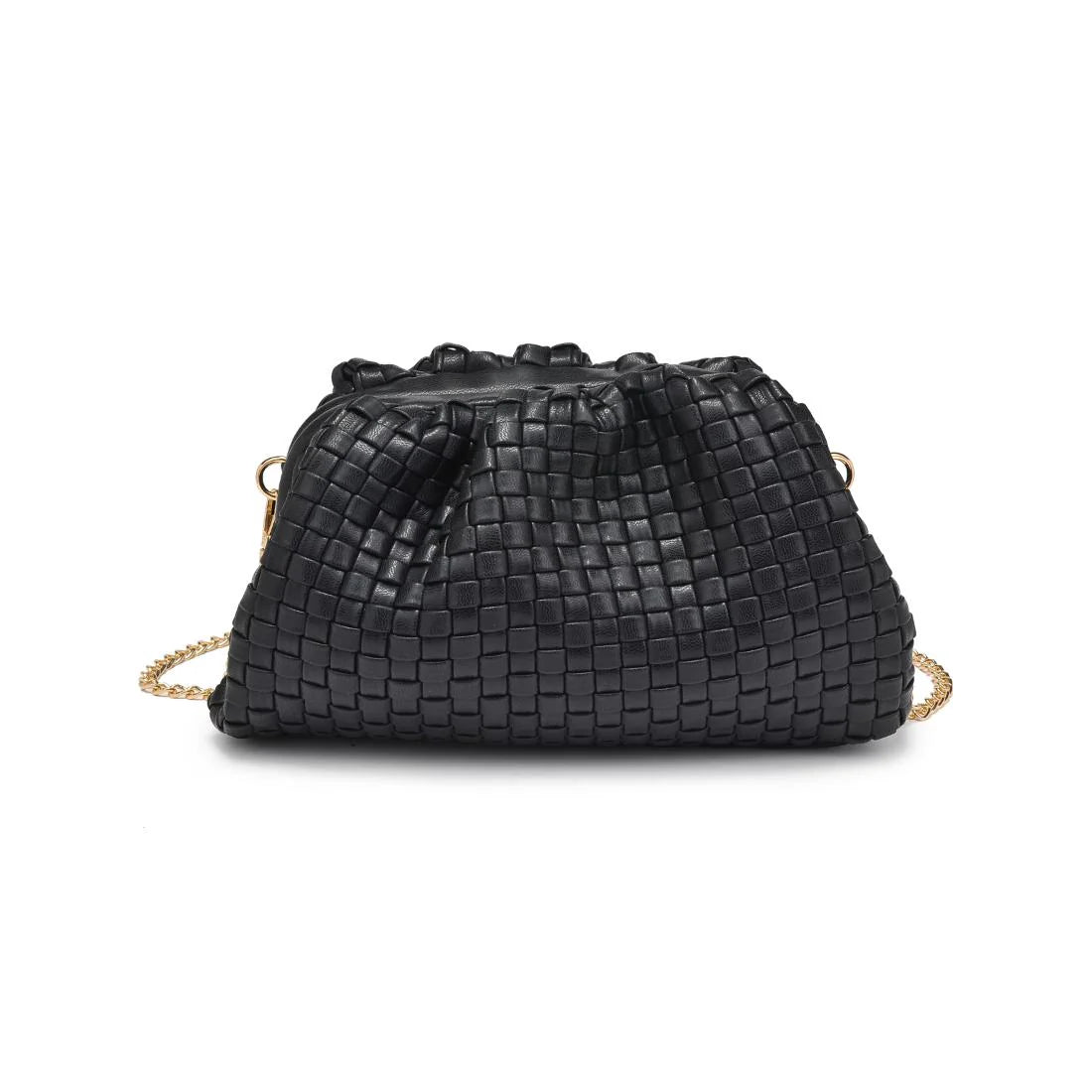Black woven handbag with gold chain on a white background