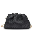 Black woven handbag with gold chain on a white background