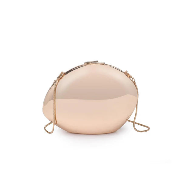 Gold spherical handbag on a white background