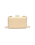 Beige clutch bag with pearl embellishments on a white background