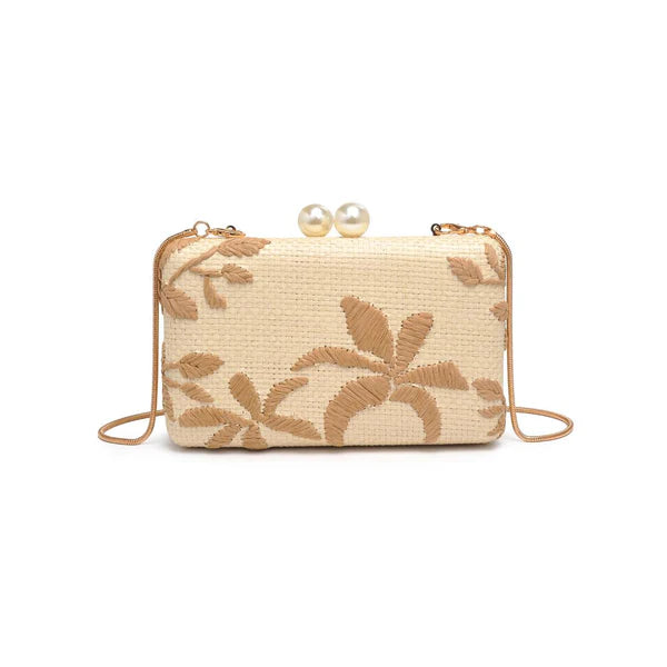 Beige handbag with floral embroidery on a white background