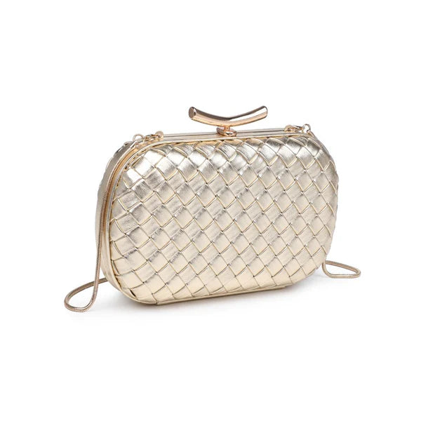 Woven handbag with a strap on a white background
