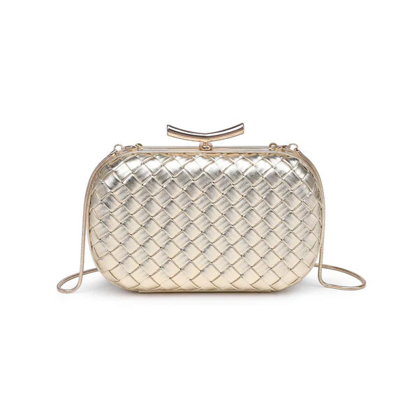 Quilted handbag with a gold clasp on a white background