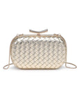 Quilted handbag with a gold clasp on a white background
