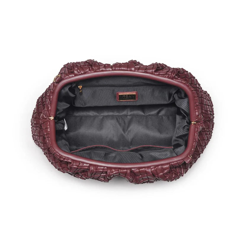 burgundy clutch on white background, interior view