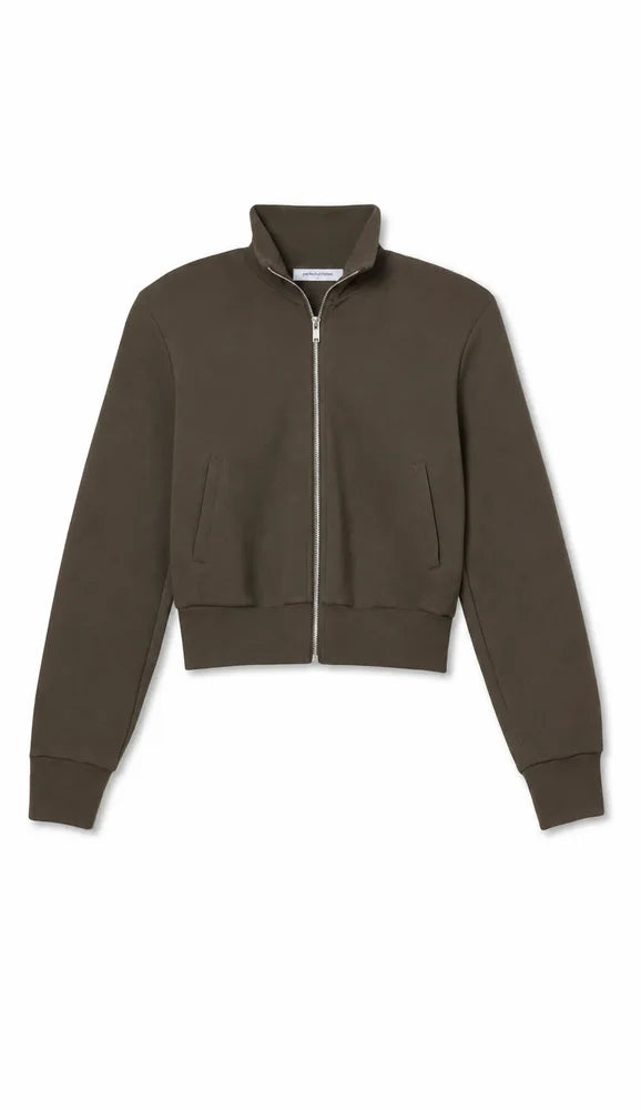 olive zip-up sweatshirt on a white background