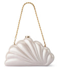 A shell-shaped evening clutch bag in a pearlescent champagne white satin, featuring a gold-tone chain shoulder strap and a gold clasp at the top, set against a plain white background.