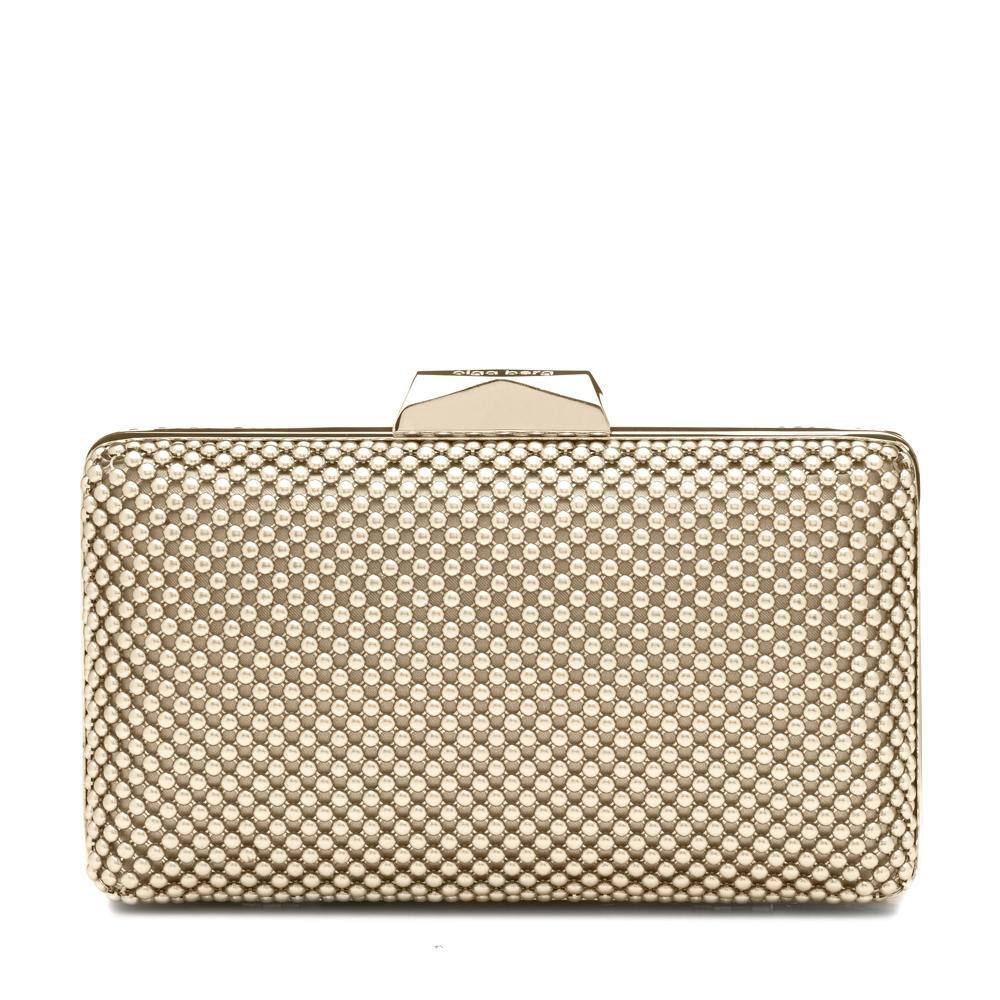 Gold clutch bag with textured surface on a white background