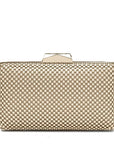 Gold clutch bag with textured surface on a white background
