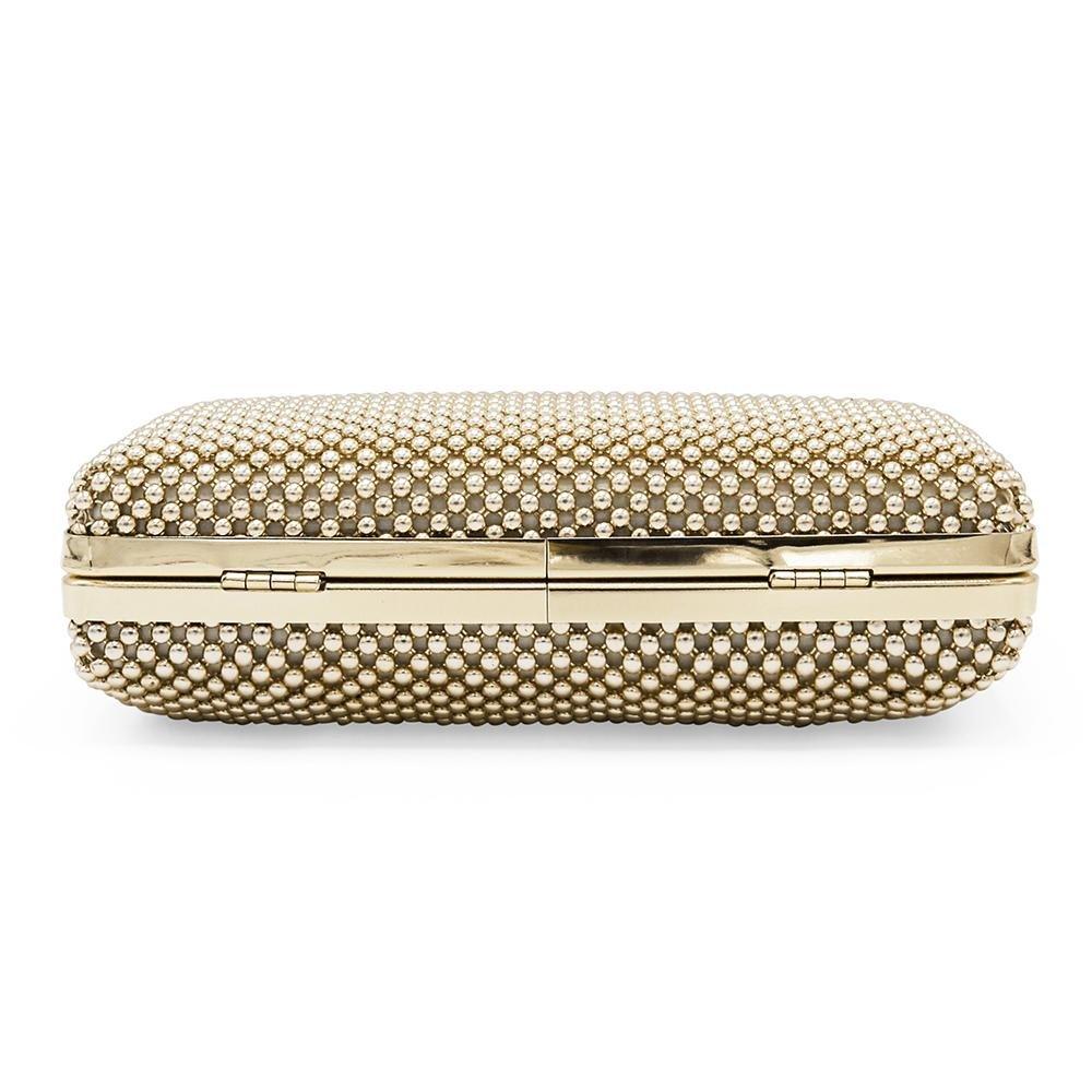 Gold clutch with textured surface on a white background