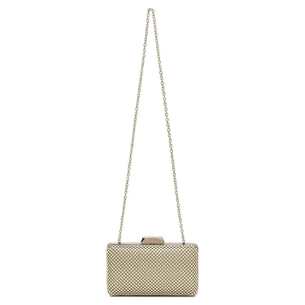 A small rectangular clutch bag with a textured metallic gold body and a thin gold chain strap, shown against a plain white background.