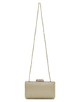A small rectangular clutch bag with a textured metallic gold body and a thin gold chain strap, shown against a plain white background.