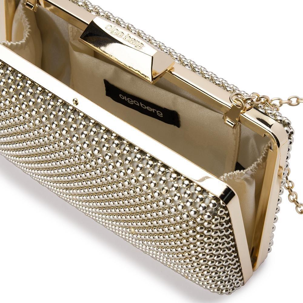 Gold clutch bag with chain strap on a white background