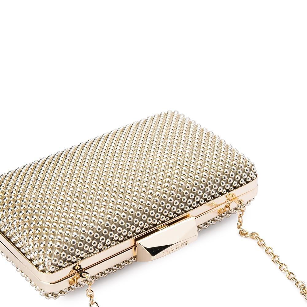 Gold beaded clutch bag on a white background