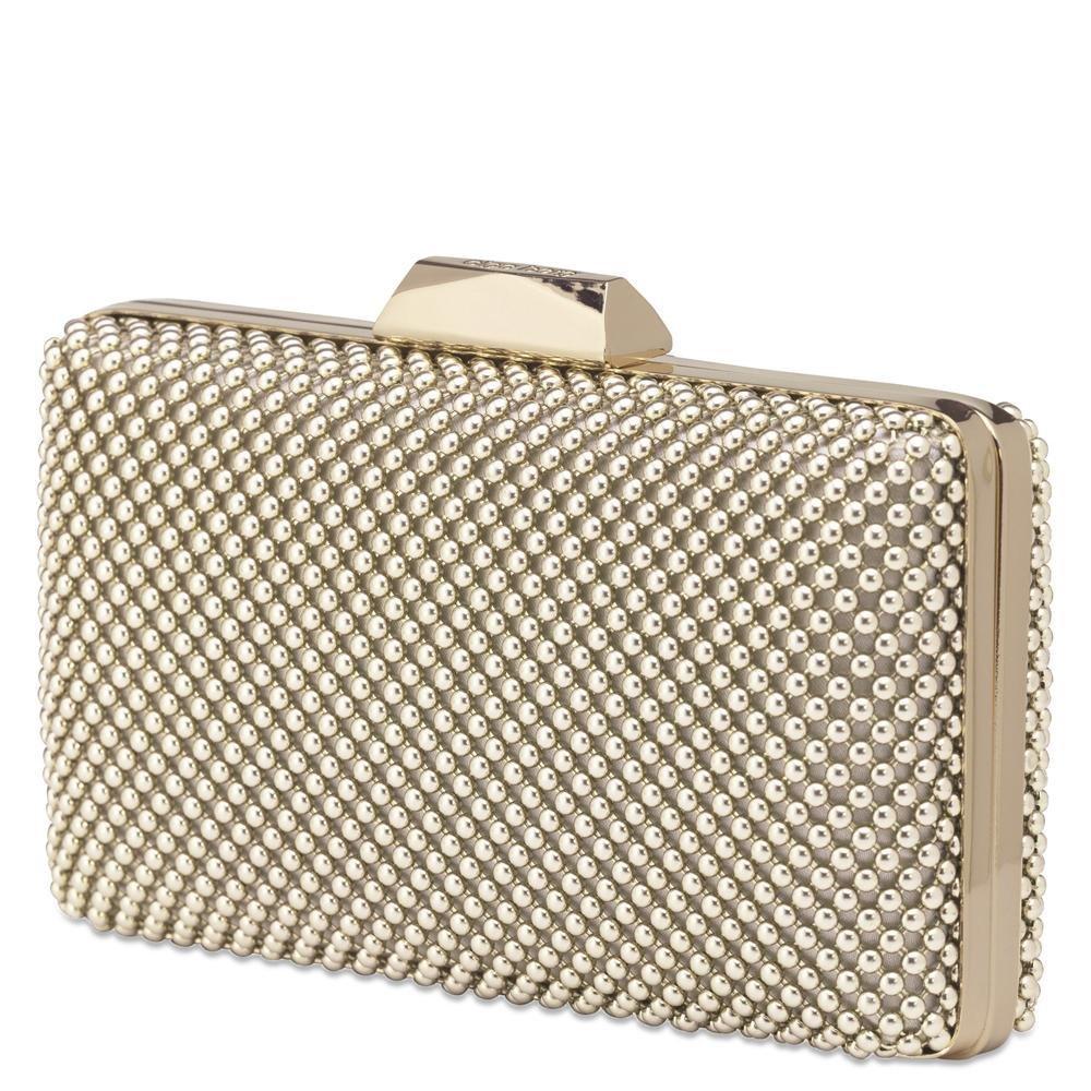 Gold clutch bag with pearl-like embellishments on a white background