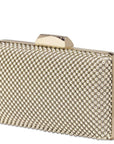 Gold clutch bag with pearl-like embellishments on a white background