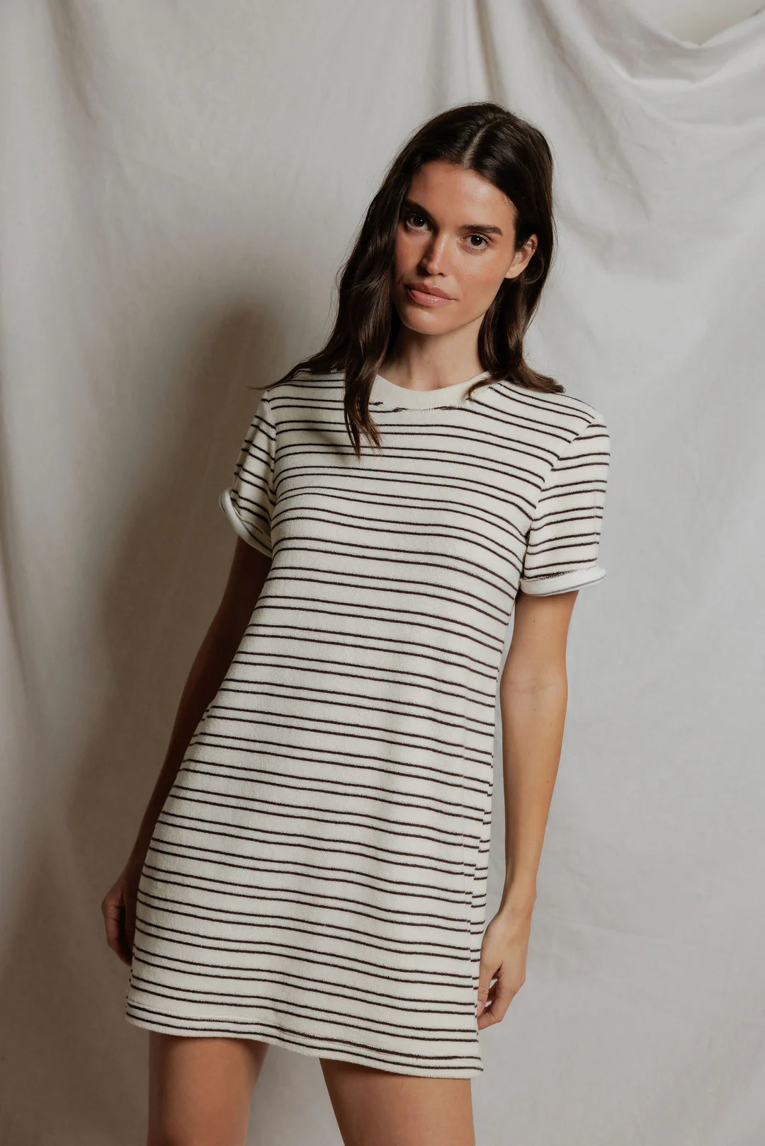 Nella Stripe Dress close up front view on model