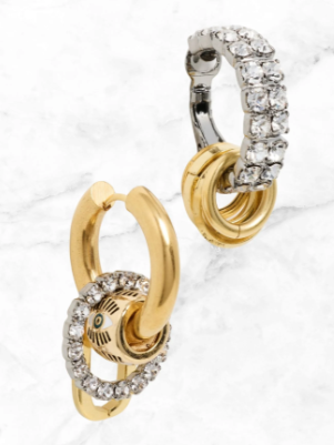 Gold hoop earrings with diamond accents on a white background