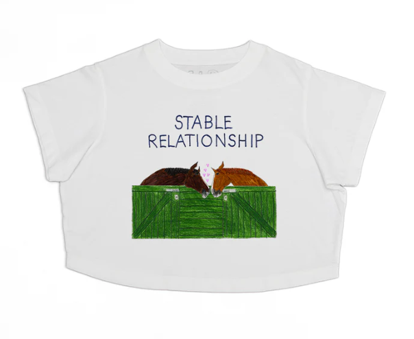 White crop top with graphic of two guinea pigs in a stable and text 'STABLE RELATIONSHIP' on a white background.