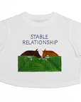 White crop top with graphic of two guinea pigs in a stable and text 'STABLE RELATIONSHIP' on a white background.