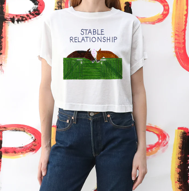Person wearing a white t-shirt with horse graphic and 'Stable Relationship' text, standing against a colorful abstract background.