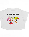 White crop top with colorful bird graphic and 'BEAK SQUAD' text on a white background