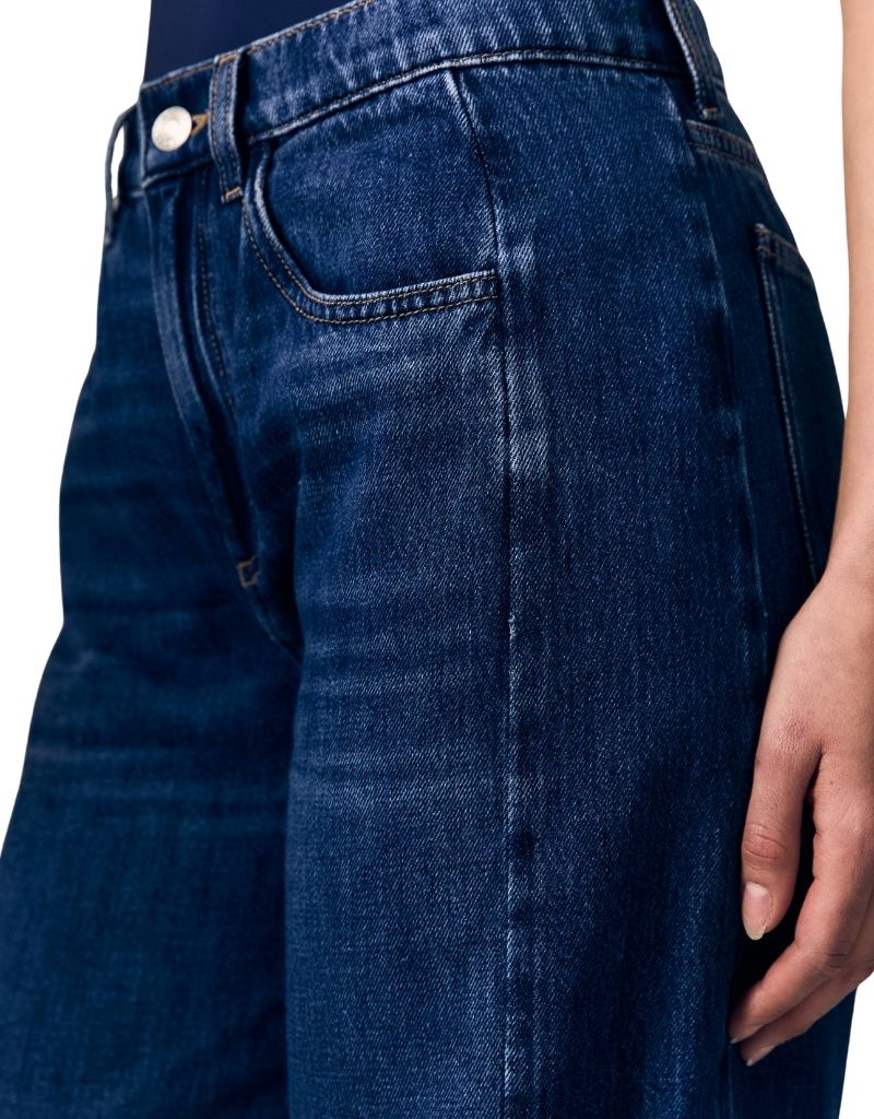 Close-up of dark blue denim jeans worn by a model, showing the front and side pockets with a hand resting on the thigh.