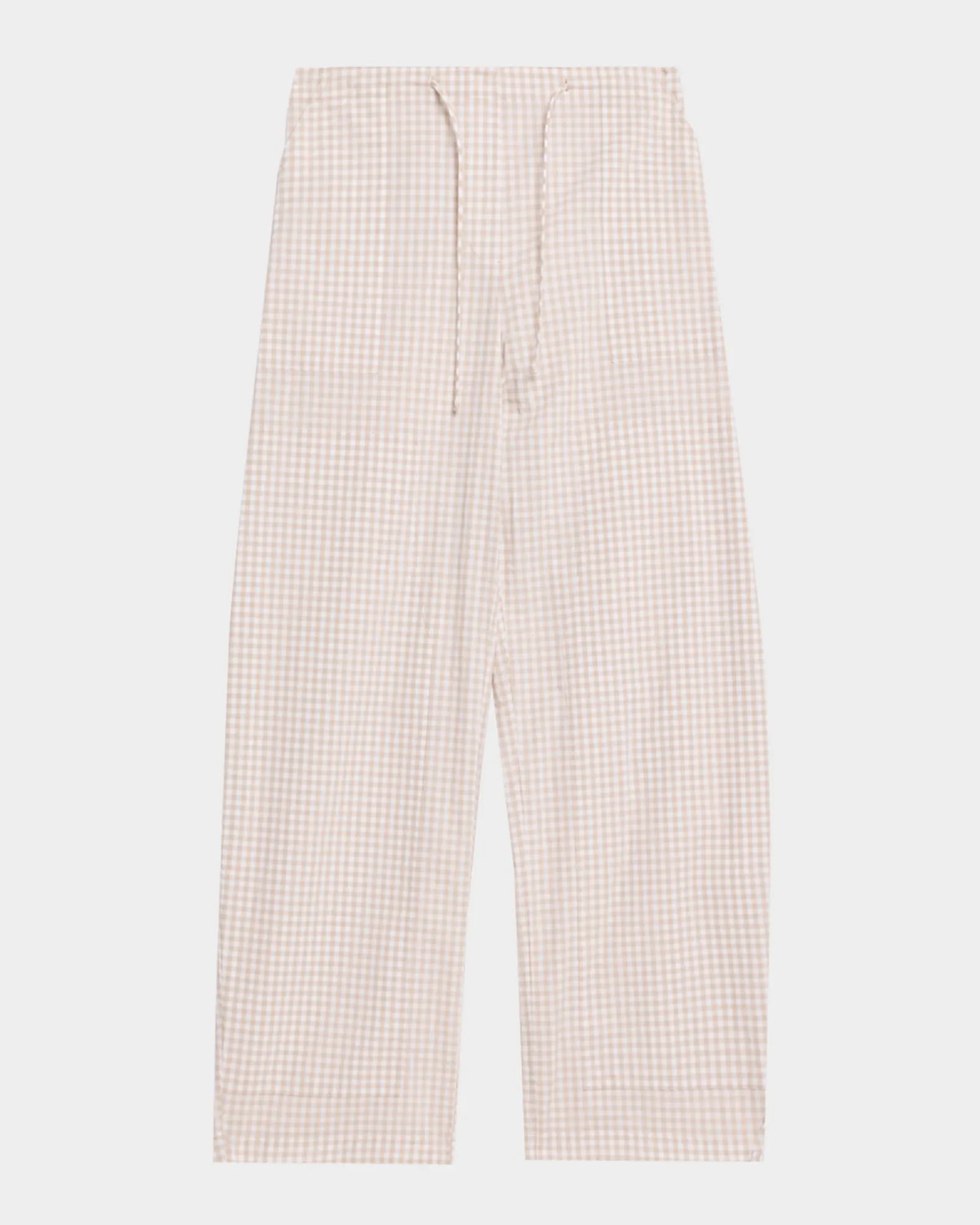 A pair of wide-leg trousers in a small beige and white gingham check pattern, featuring an elastic waistband and a matching drawstring.
