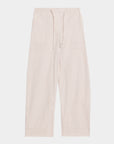 A pair of wide-leg trousers in a small beige and white gingham check pattern, featuring an elastic waistband and a matching drawstring.