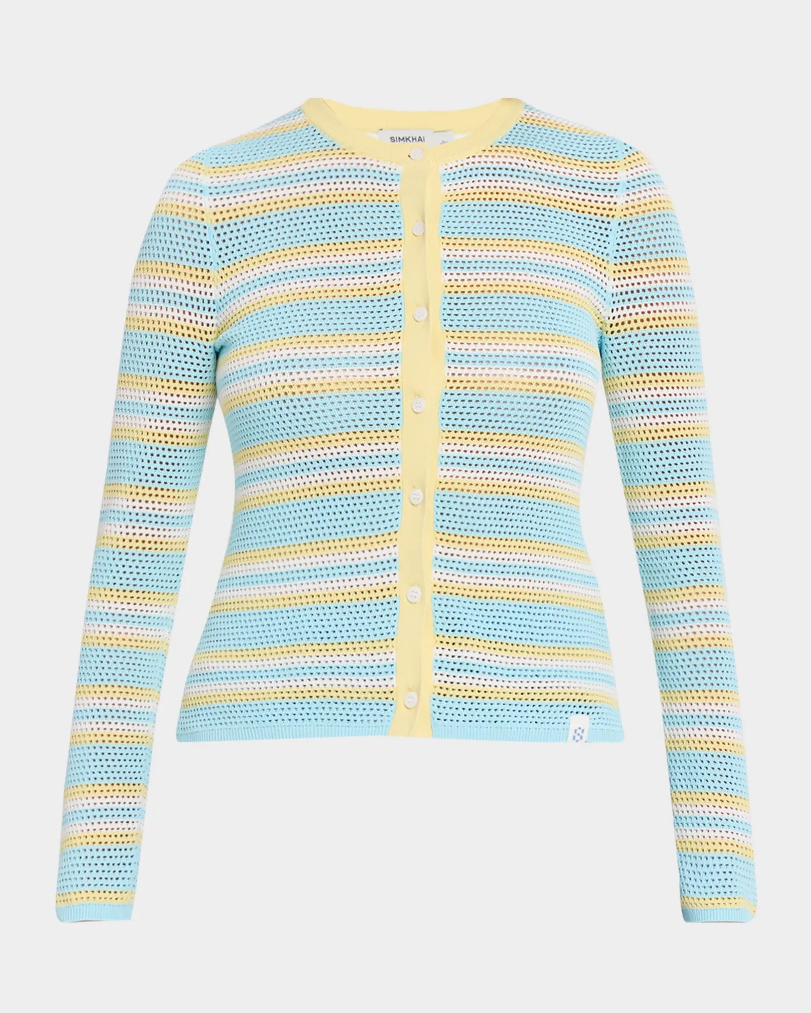 A women's long-sleeve knit cardigan with horizontal stripes in light blue, pale yellow, and white, featuring a yellow button placket and white buttons, shown on a light gray background.