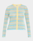 A women's long-sleeve knit cardigan with horizontal stripes in light blue, pale yellow, and white, featuring a yellow button placket and white buttons, shown on a light gray background.