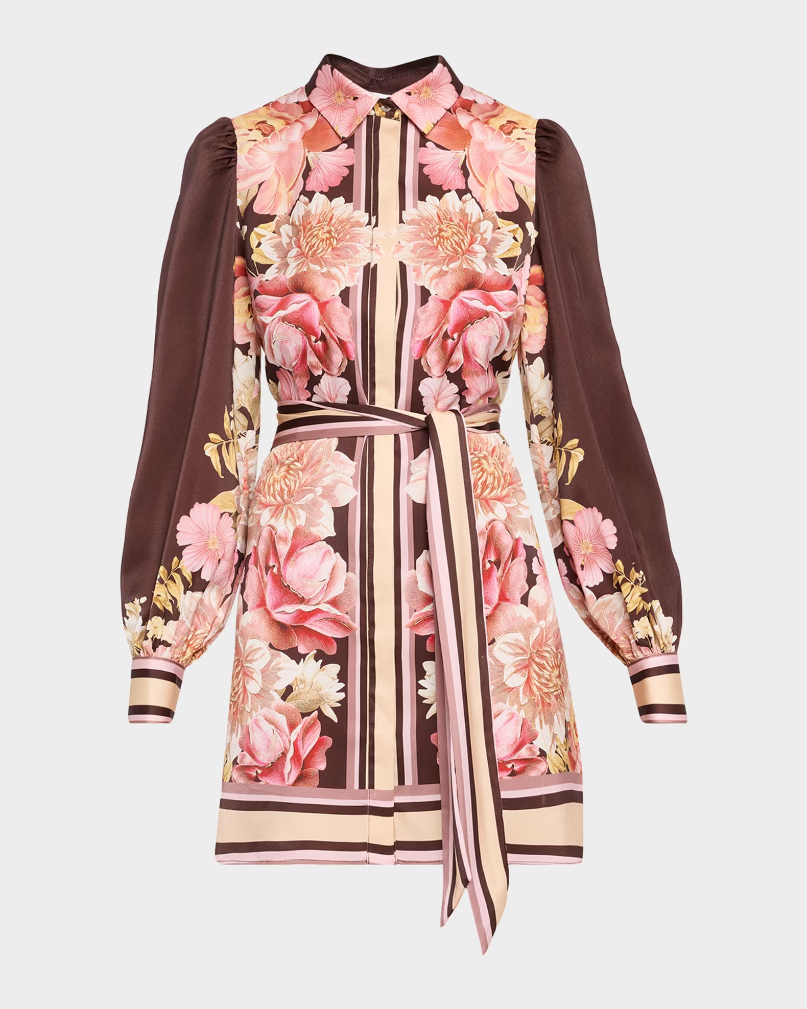 A long-sleeve collared shirt dress featuring a pink and beige floral print over a brown and beige striped base, with a matching tie belt at the waist.