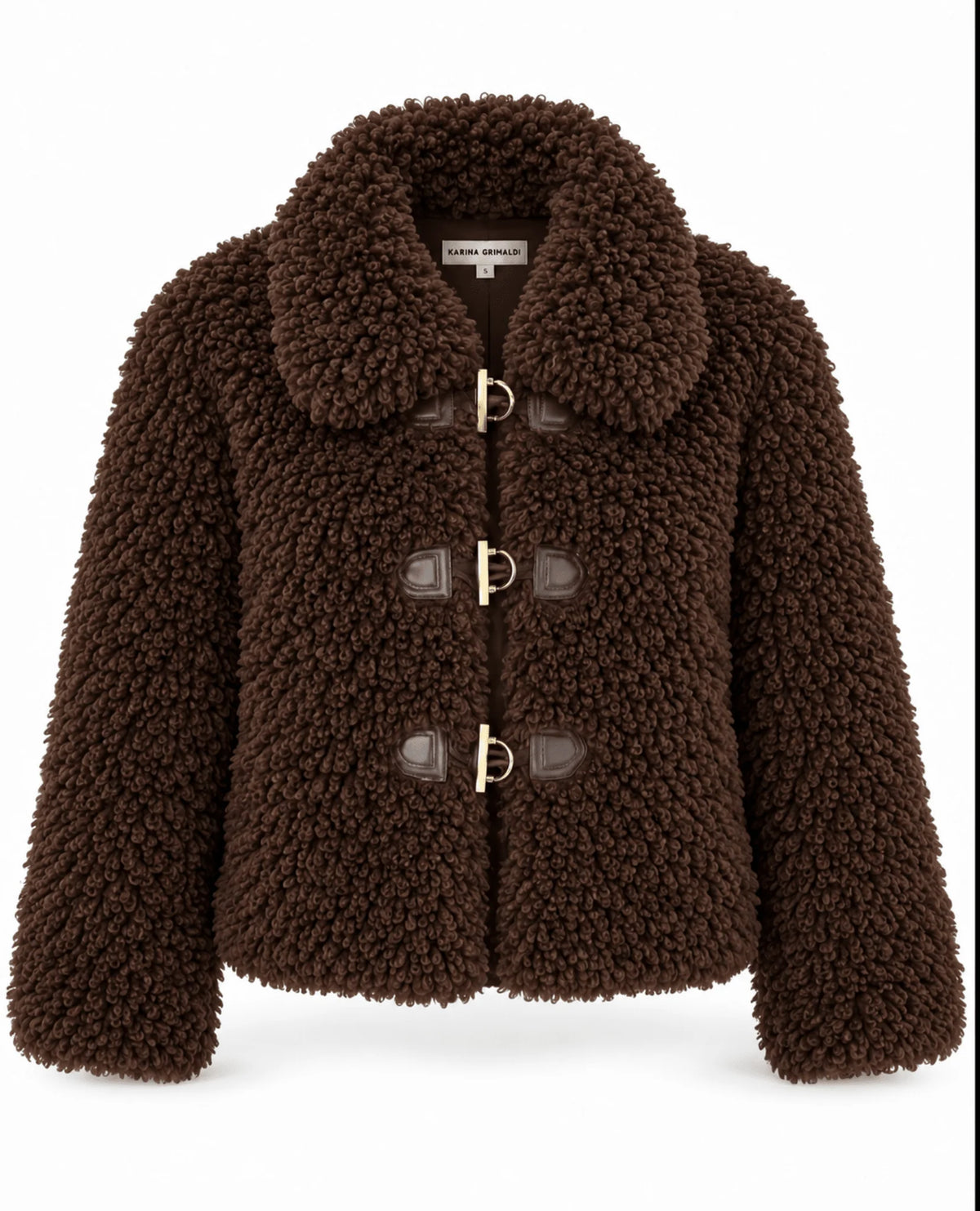 A dark brown teddy fleece jacket with a collar and three toggle closures, shown on a plain white background.