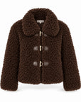 A dark brown teddy fleece jacket with a collar and three toggle closures, shown on a plain white background.