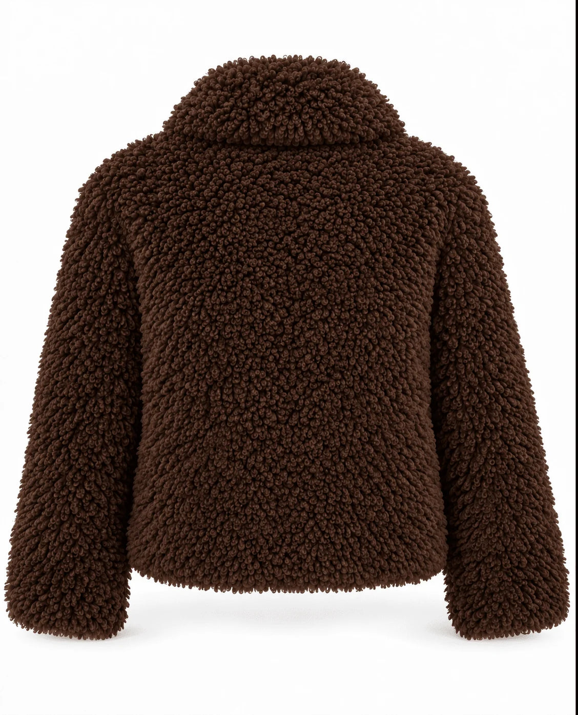 A dark brown teddy fleece jacket with a collar and three toggle closures, shown on a plain white background.