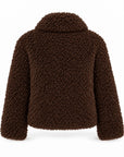A dark brown teddy fleece jacket with a collar and three toggle closures, shown on a plain white background.