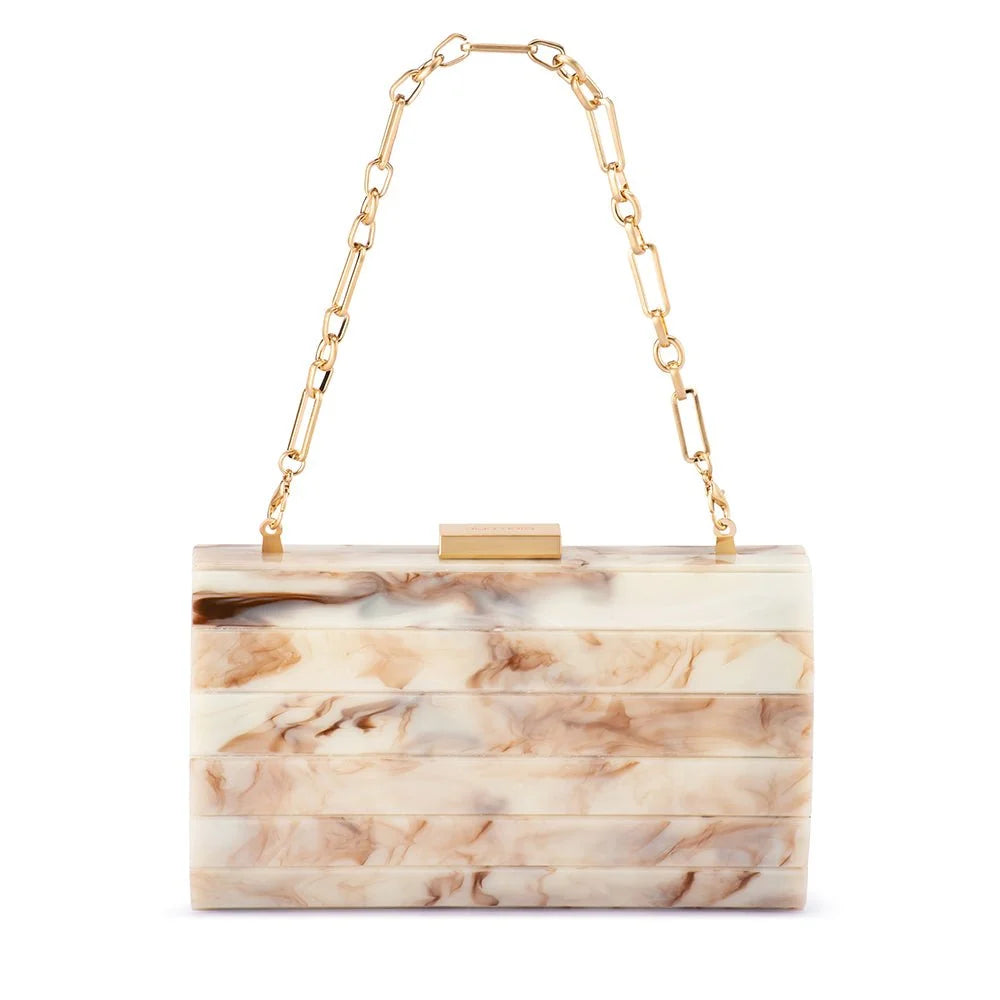 A rectangular clutch bag with a horizontal stacked design in a cream and beige marble pattern, featuring a gold-tone chain strap and a small gold clasp on a white background.