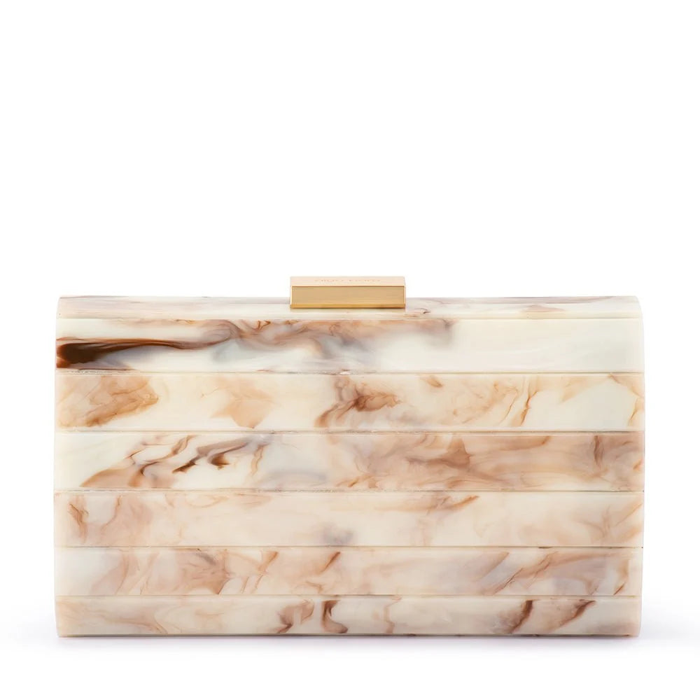 A rectangular evening clutch bag with a horizontal stacked design, featuring a cream and beige marble pattern with brown veining and a small gold metal clasp on top, set against a plain white background.