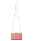 A pink wooden clutch bag with a gold chain strap and a small gold clasp, shown against a plain white background.